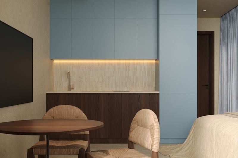 Kedungu Baza Studio SMT: blue kitchen fronts and the dining table, render