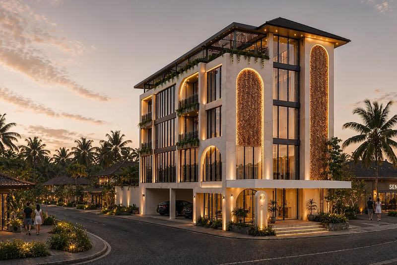 Kerobokan Residence: apartment block on a street corner at sunset, render