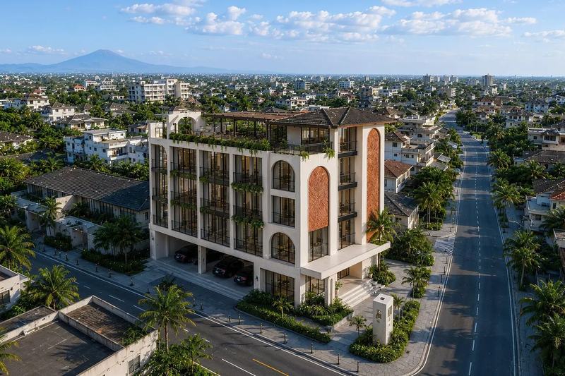 Kerobokan Residence: the complex from above among Kerobokan houses, render