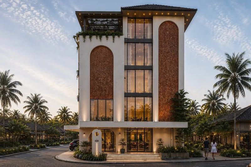 Kerobokan Residence: the arched front of the apartment block, render