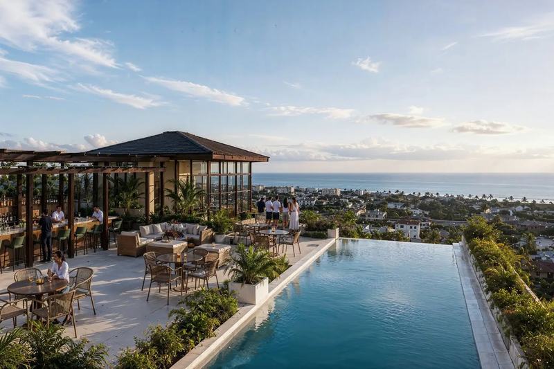 Kerobokan Residence: rooftop overflow pool with the ocean on the horizon, render
