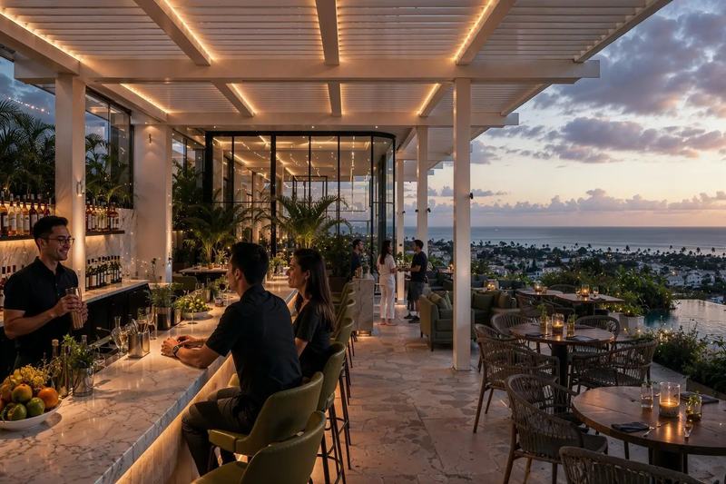 Kerobokan Residence: sundown at the pergola bar upstairs, render