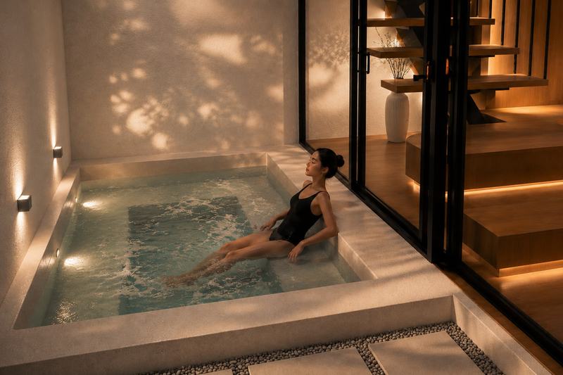 KIRA loft villa: pool running up to the glass lounge wall