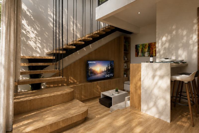 KIRA loft villa: lounge a few steps down, stair to the loft