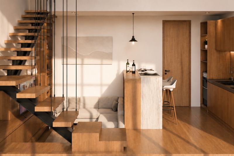 KIRA loft villa: open-plan kitchen, bar and sofa