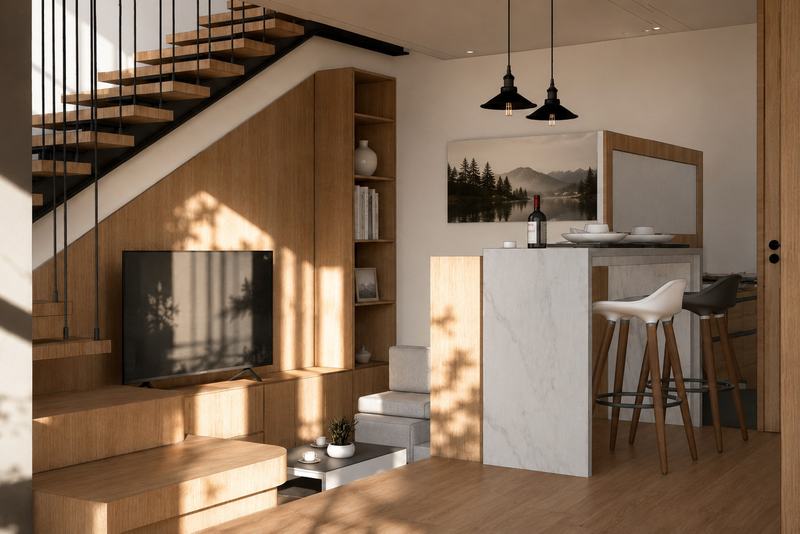 KIRA loft villa: media wall and bookshelf