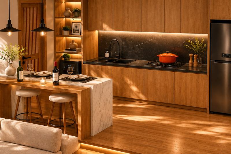 KIRA loft villa: bar counter and dark stone backsplash