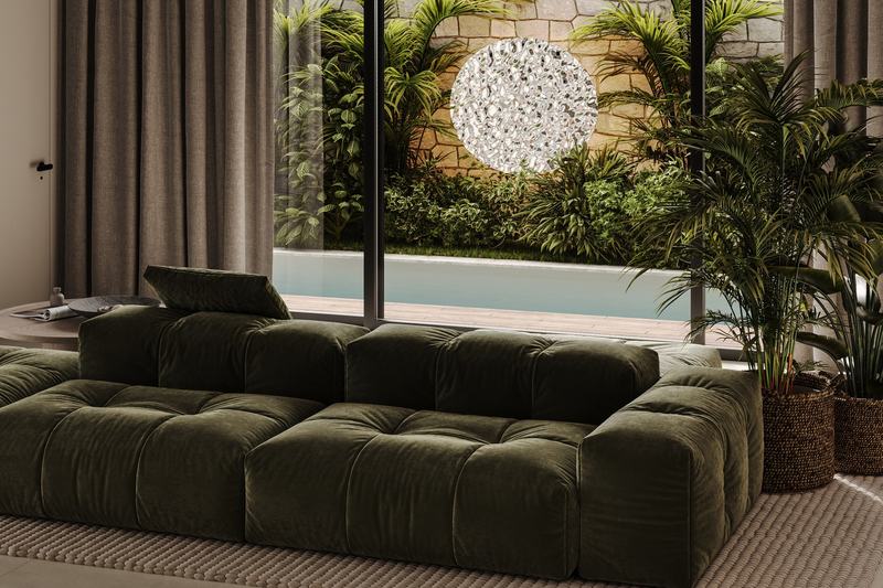 Mangata Residence: three-bedroom living room opening to the pool