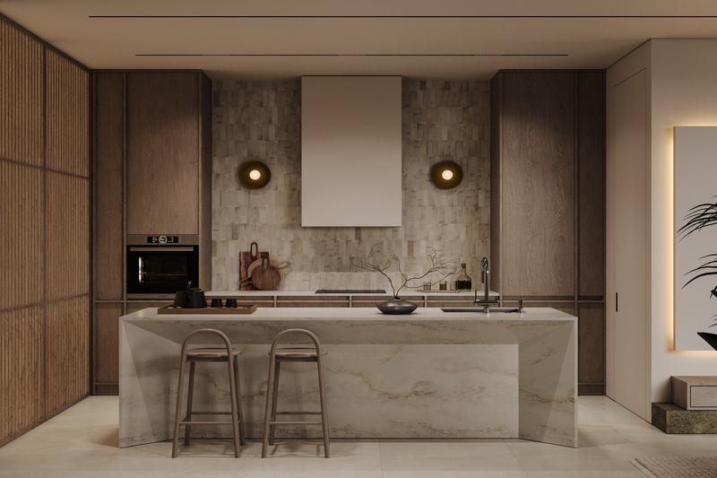 Mangata Residence: kitchen with a stone island and built-in appliances