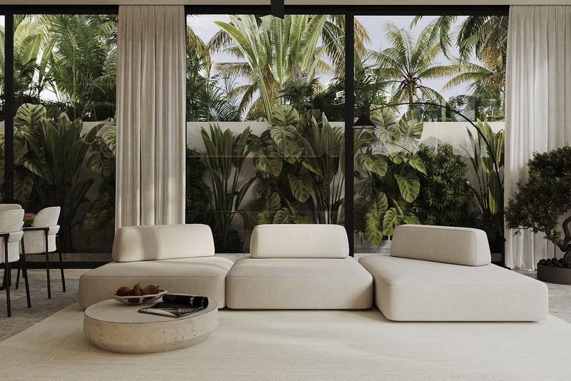 Manta Delmar Villa: living room with full-height glass onto the garden