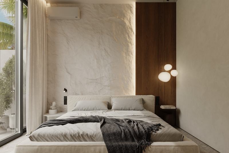 Manta Delmar Villa: bedroom with a textured printed wall