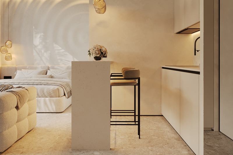 Manta Seaborne 1BR: kitchen and breakfast bar by the entrance