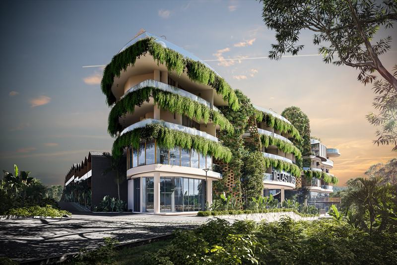 Melasti Arcade: facade with planted terraces at sunset, render