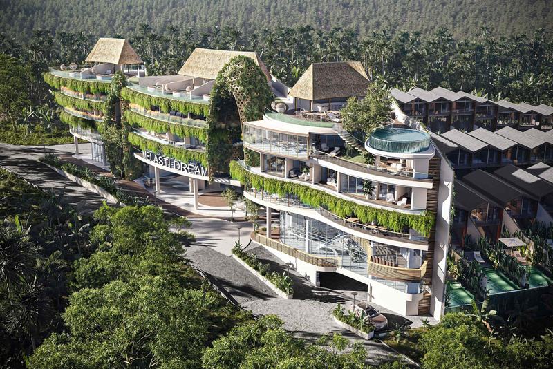 Melasti Arcade: aerial view of the building among Ungasan greenery, render