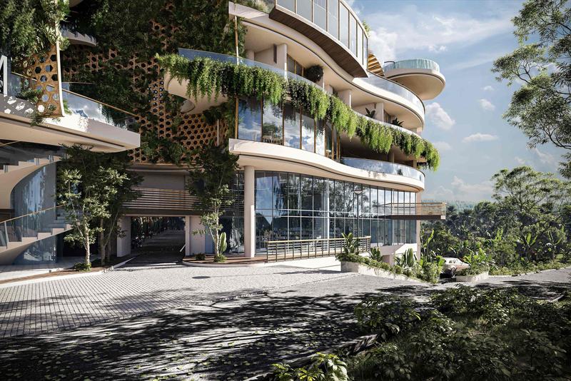 Melasti Arcade: entrance drive and balconied facade, render