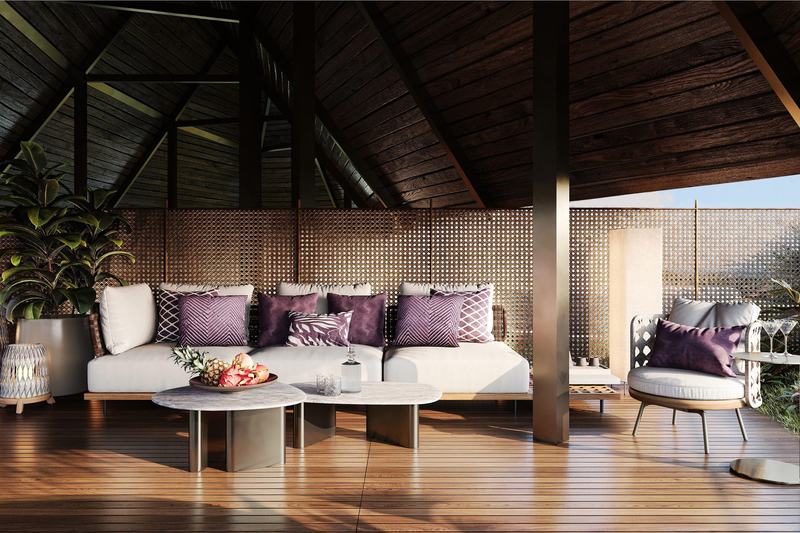 Melasti Arcade: covered lounge on a penthouse roof, render