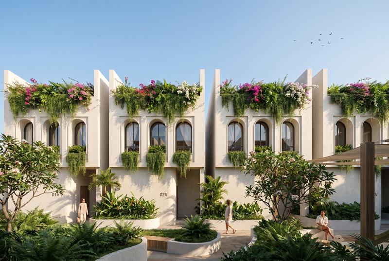 Melasti Villas: fachadas con ventanas en arco y cubiertas vegetales, render