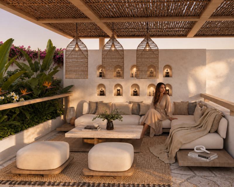Melasti Villas: zona de estar con sombra en la azotea, render