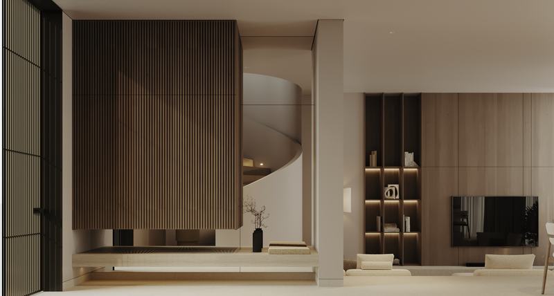 Melasti Villas: salón con escalera a la planta de arriba, render