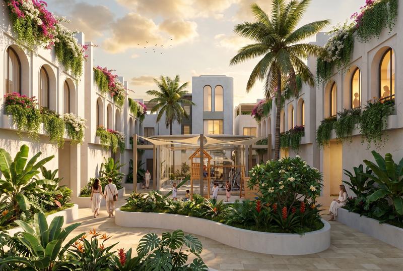 Melasti Villas: shared garden and playground at the center, render