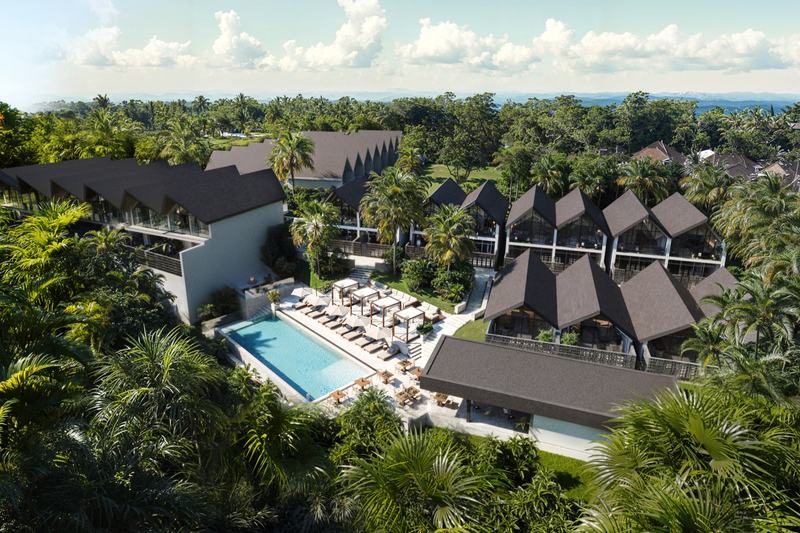 Moon Rock Villas 2: villas and the shared pool among palms, render