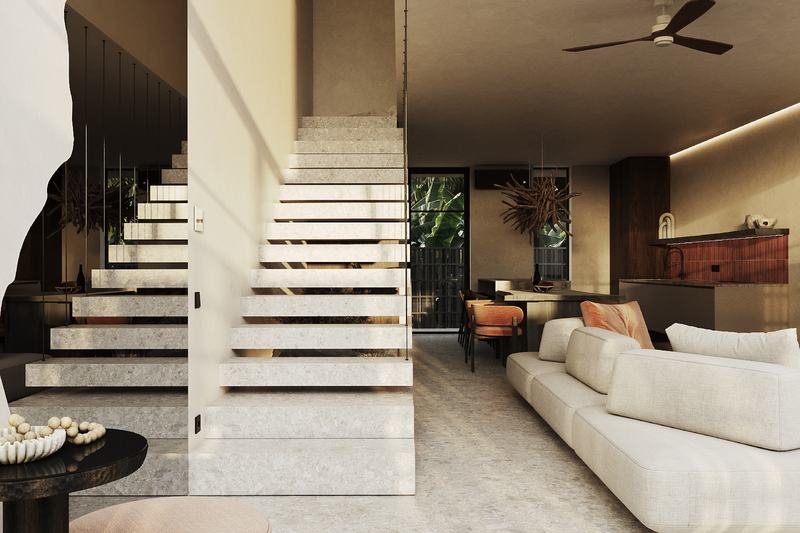 Moon Rock 2BR, 116 m²: lounge with the staircase and kitchen, render