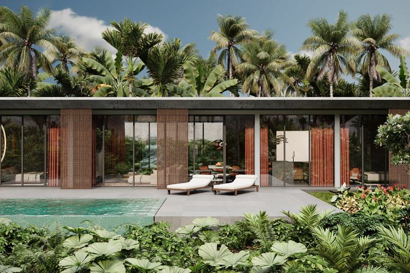 MOONO 2BD Villa: render of the facade and pool by day