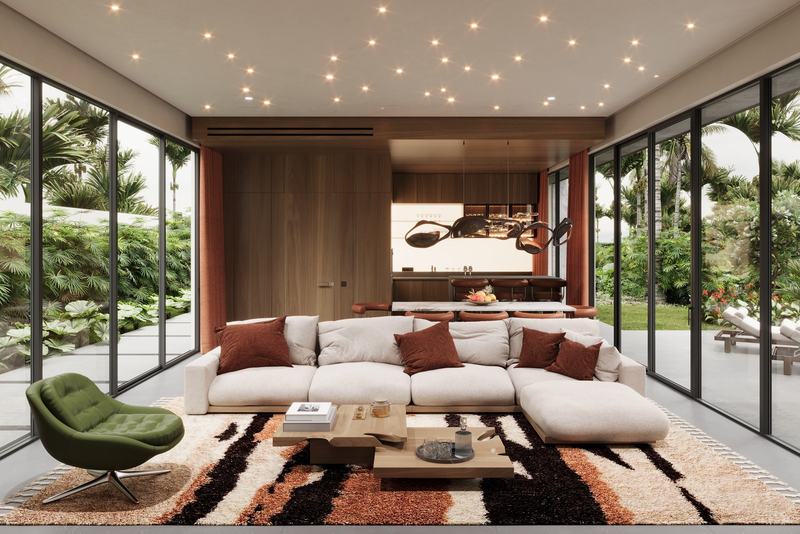 MOONO 2BD Villa: render of the living room glazed toward the garden