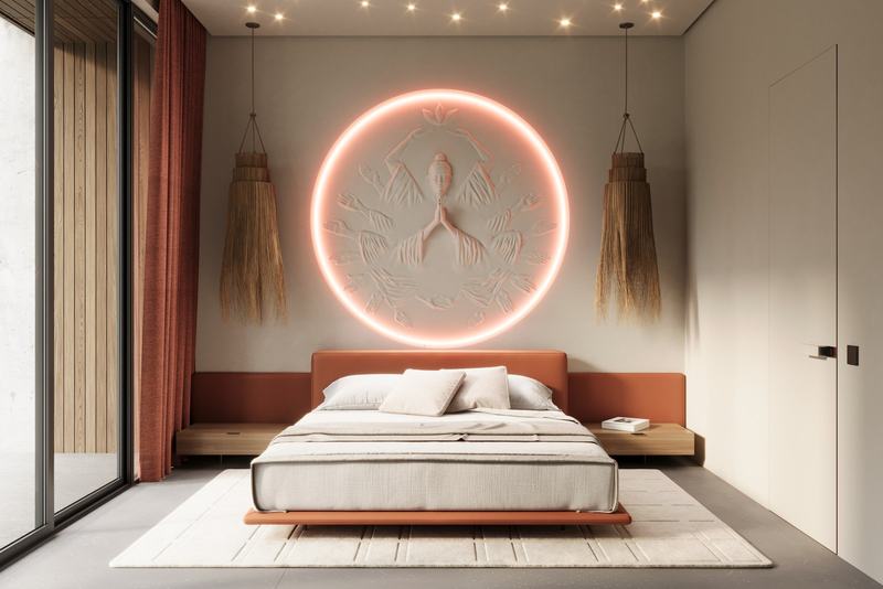 MOONO 2BD Villa: render of a bedroom with a round wall panel