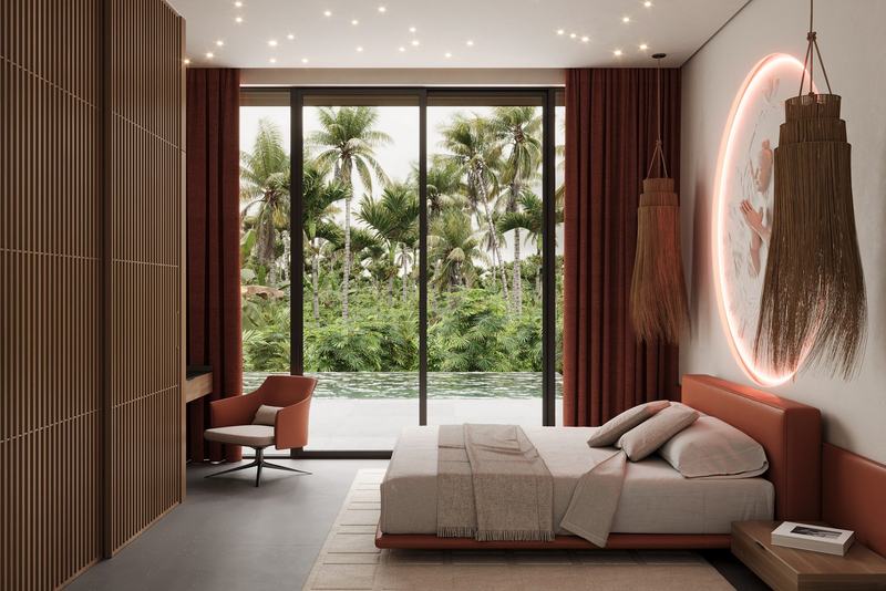 MOONO 2BD Villa: render of a bedroom opening to the pool