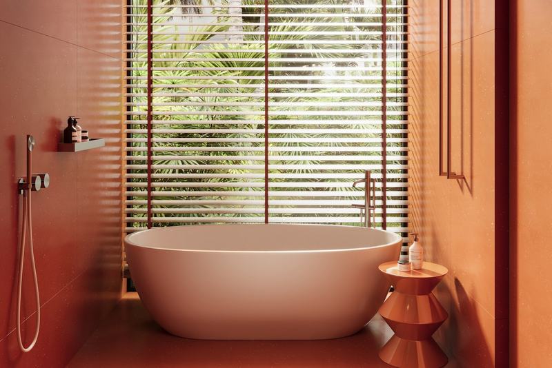 MOONO 2BD Villa: render of the master bath, tub by the window