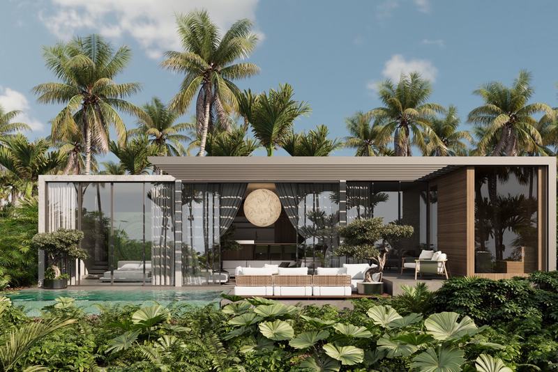 MOONO 3BD Villa: daytime render of the villa behind its pool