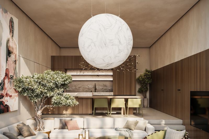 MOONO 3BD Villa: render of the lounge and island kitchen