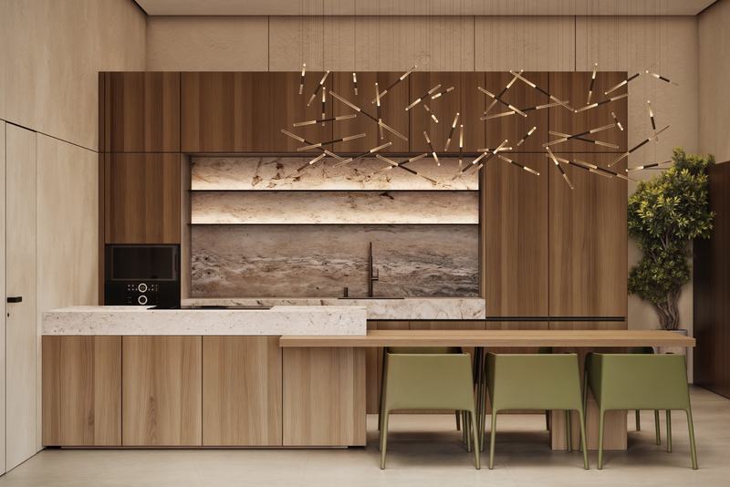MOONO 3BD Villa: render of a timber and stone kitchen