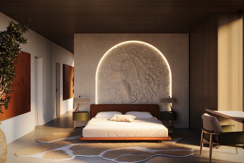 MOONO 3BD Villa: render of a bed framed by an arched light