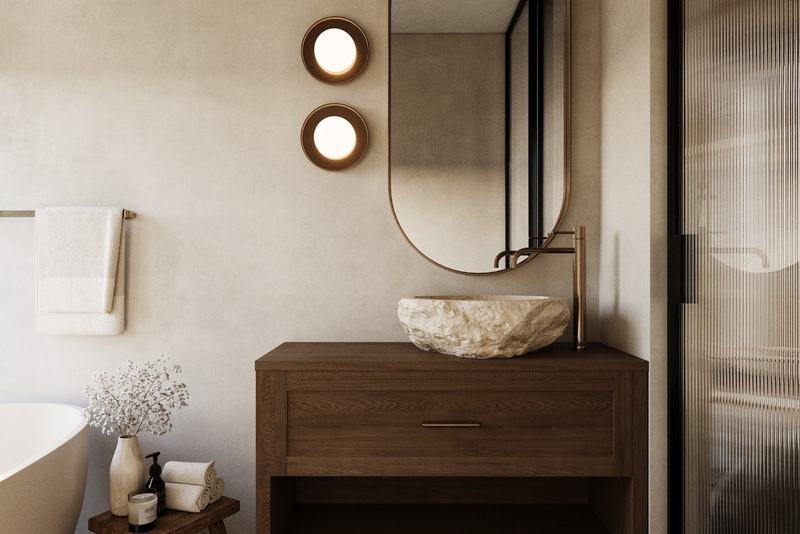 NAI Villa V4M: wooden bathroom vanity with a mirror