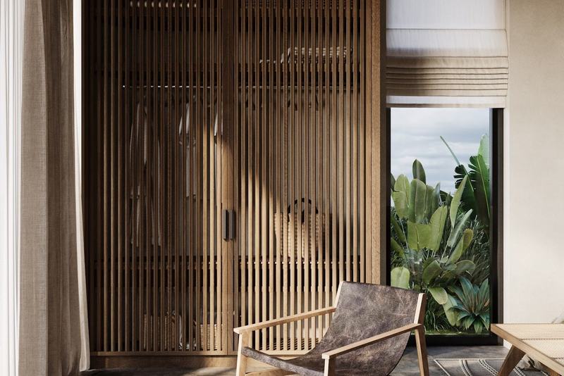 NAI Villa V4M: lounge behind timber screens, garden beyond
