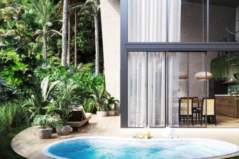 Neat House Villa: glass facade with the courtyard pool, render