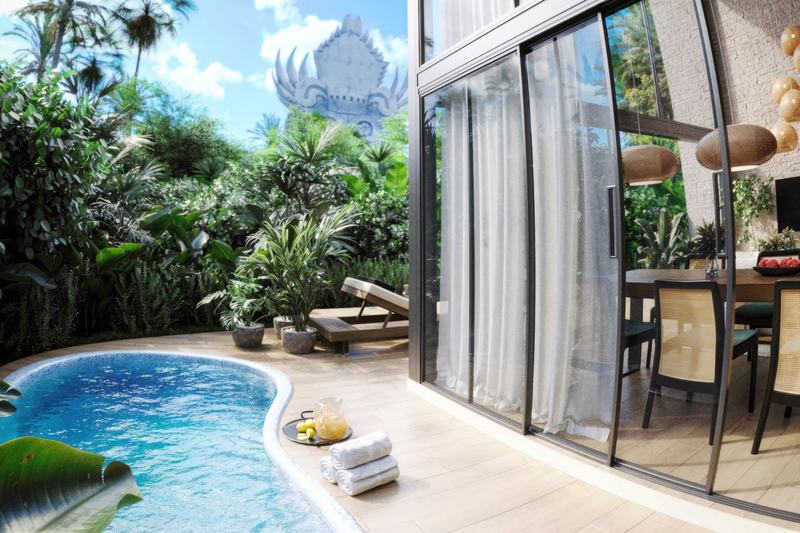 Neat House Villa: pool and timber deck beside the living room glass wall, render