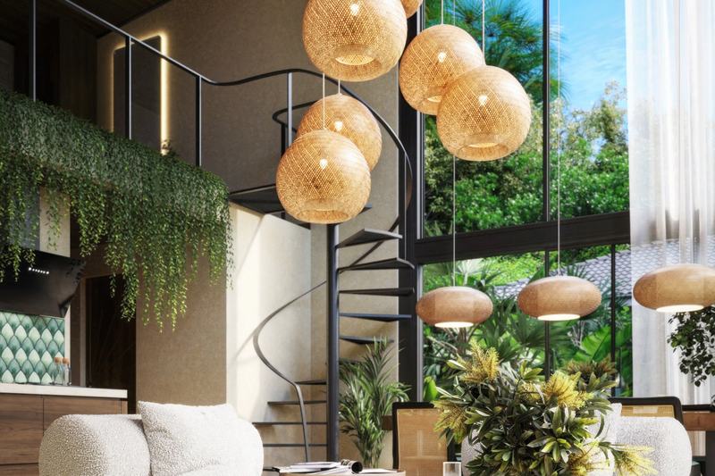 Neat House Villa: double-height living room with pendant lights and a spiral staircase, render