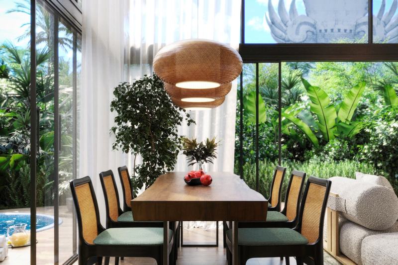 Neat House Villa: dining table by the full-height window, render