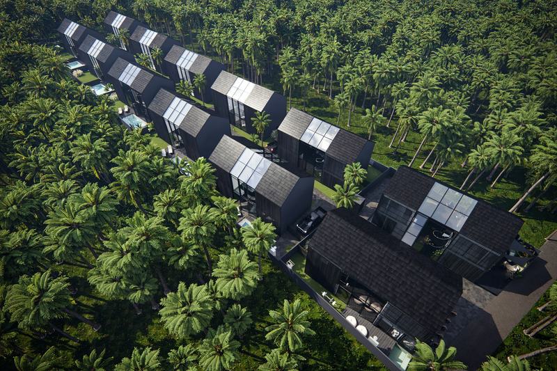 Noir Ubud: rows of villas in a coconut grove from above, render