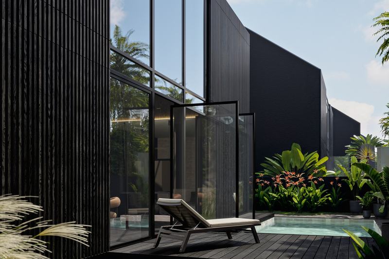 Noir Ubud 3BR villa: lounger on the pool terrace beside the glazing, render