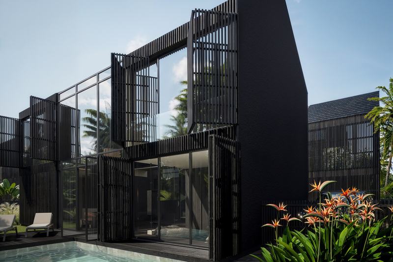 Noir Ubud 3BR villa: slatted timber facade above the pool, render