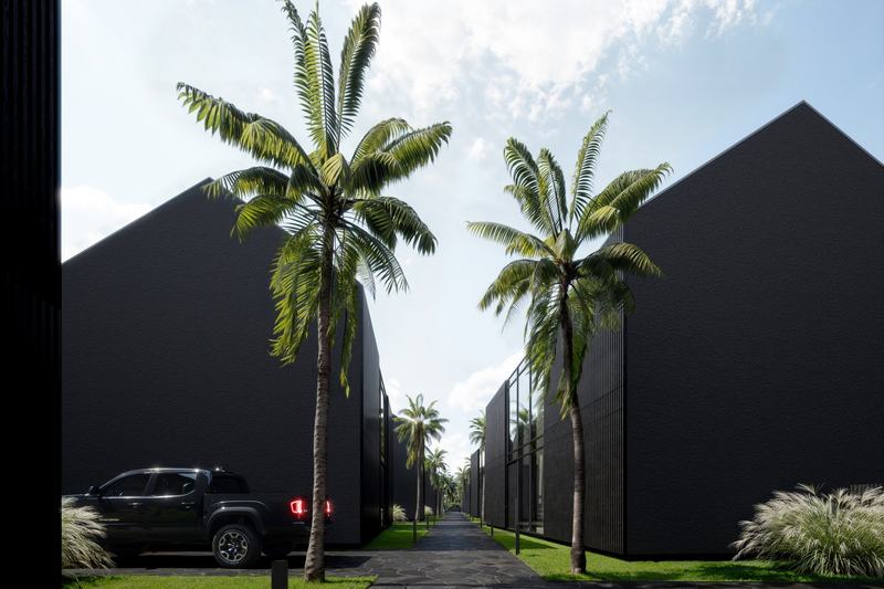 Noir Ubud 3BR villa: driveway under the palms, render