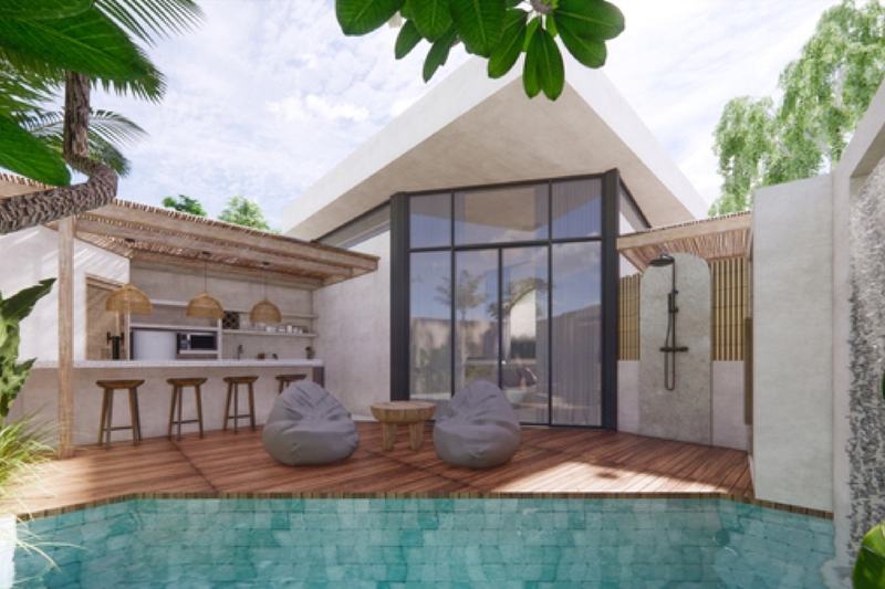 One-bedroom villa near Nunggalan Beach: pool and terrace in front of the living room (rendering)