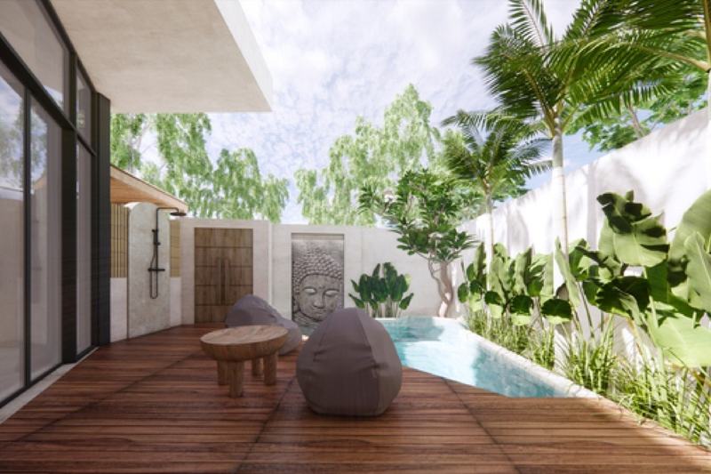 One-bedroom villa near Nunggalan Beach: lounge chairs on the deck beside the pool (rendering)