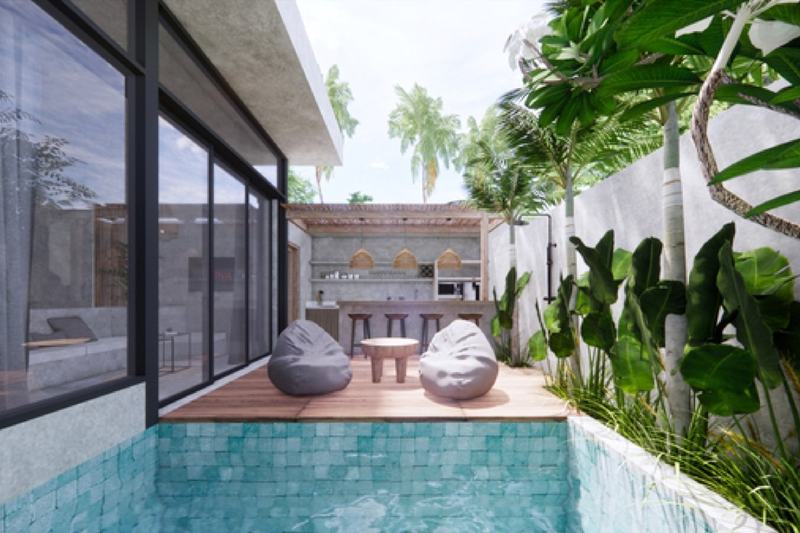One-bedroom villa near Nunggalan Beach: pool and kitchen bar by the terrace (rendering)