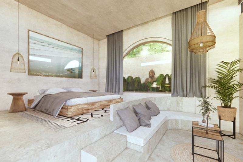 One-bedroom villa near Nunggalan Beach: bedroom with a sofa by the window (rendering)