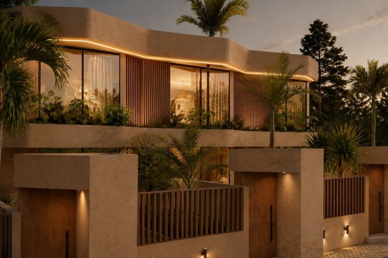 Nunggalan Beach Villas: two-story villa fronts and entrances